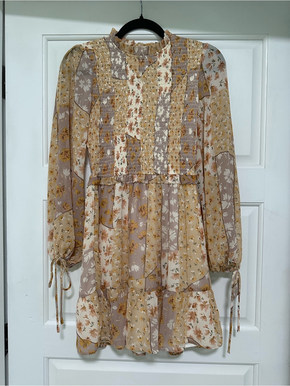 Aura Floral Patchwork Smocked Boho Mini Dress - Cream & Taupe